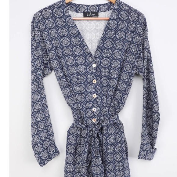 Fall Navy Blue-Print Front Button Romper - Picture 2 of 3